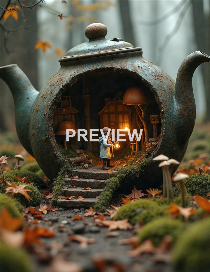 A miniature scene inside a large, rusty teapot featuring a tiny figure holding a lantern, with a detailed woodland setting and small mushrooms around it.